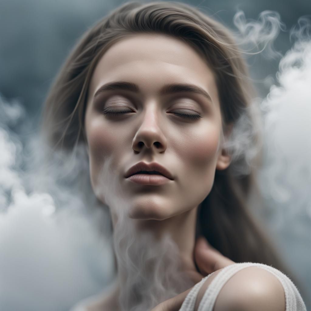 Ethereal Woman in Fog, Photorealistic Astral Portrait