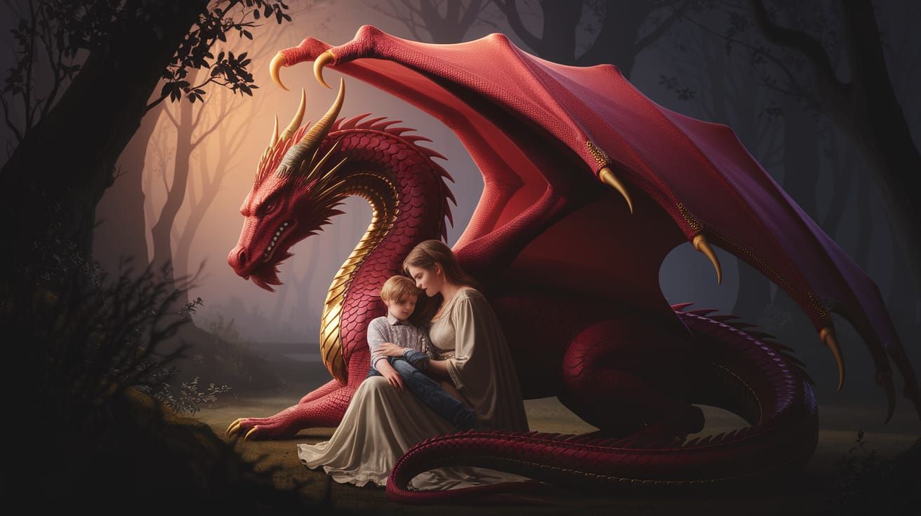 Red Dragon Shelters Mother and Son: Alcohol Ink Art