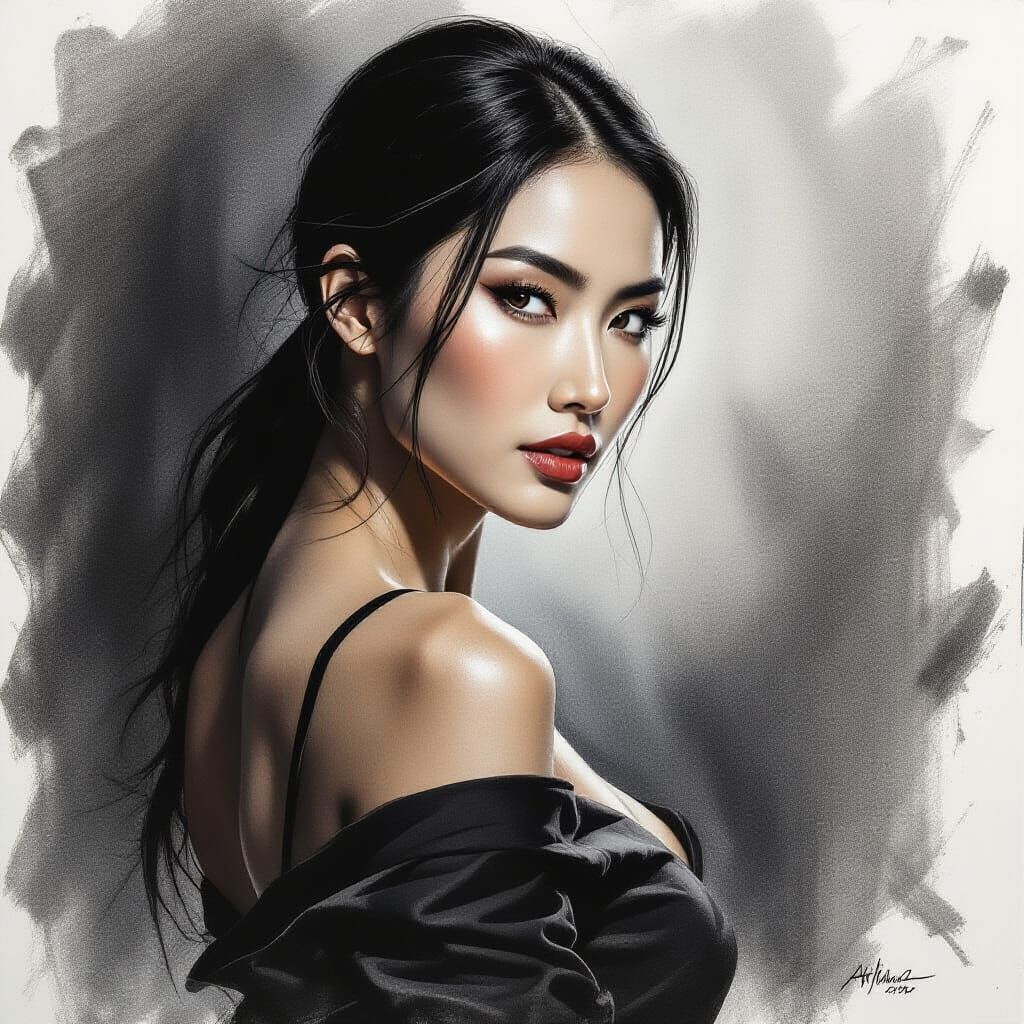 Charcoal Portrait of Asian Woman with Golden Garuda Symbol