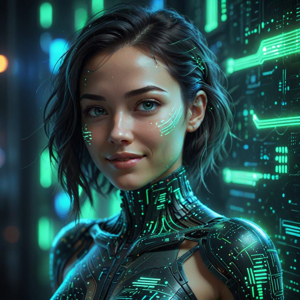 Woman Made of Code in Neon Cyberspace