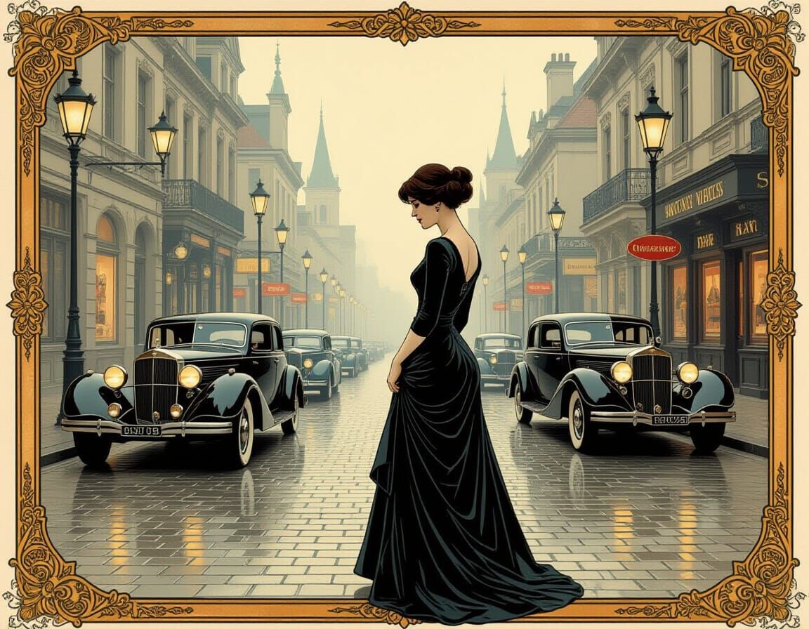 Nostalgic Woman on Misty Street with Vintage Cars
