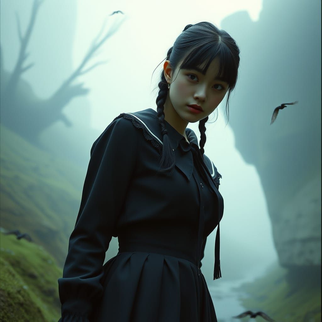 Gothic Schoolgirl in Surreal Dreamscape, Cinematic Film Stil...