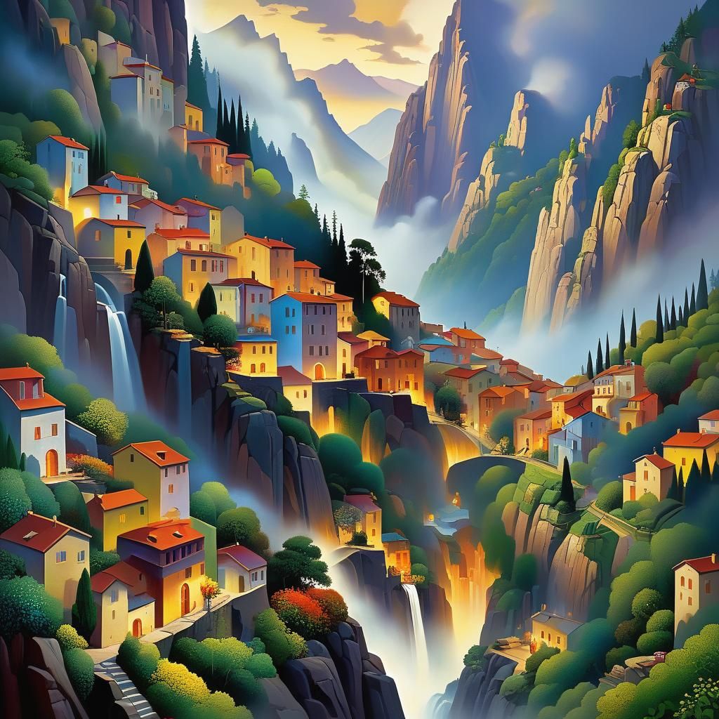 Picturesque Mountain Town in Abstract Cubist Style