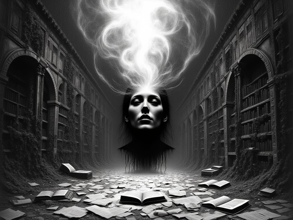 Eerie Face in Mist-Filled Ancient Library
