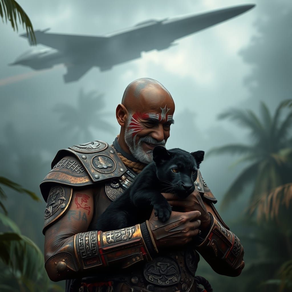 Aztec Elder with Panther Cub in Cyberpunk Jungle