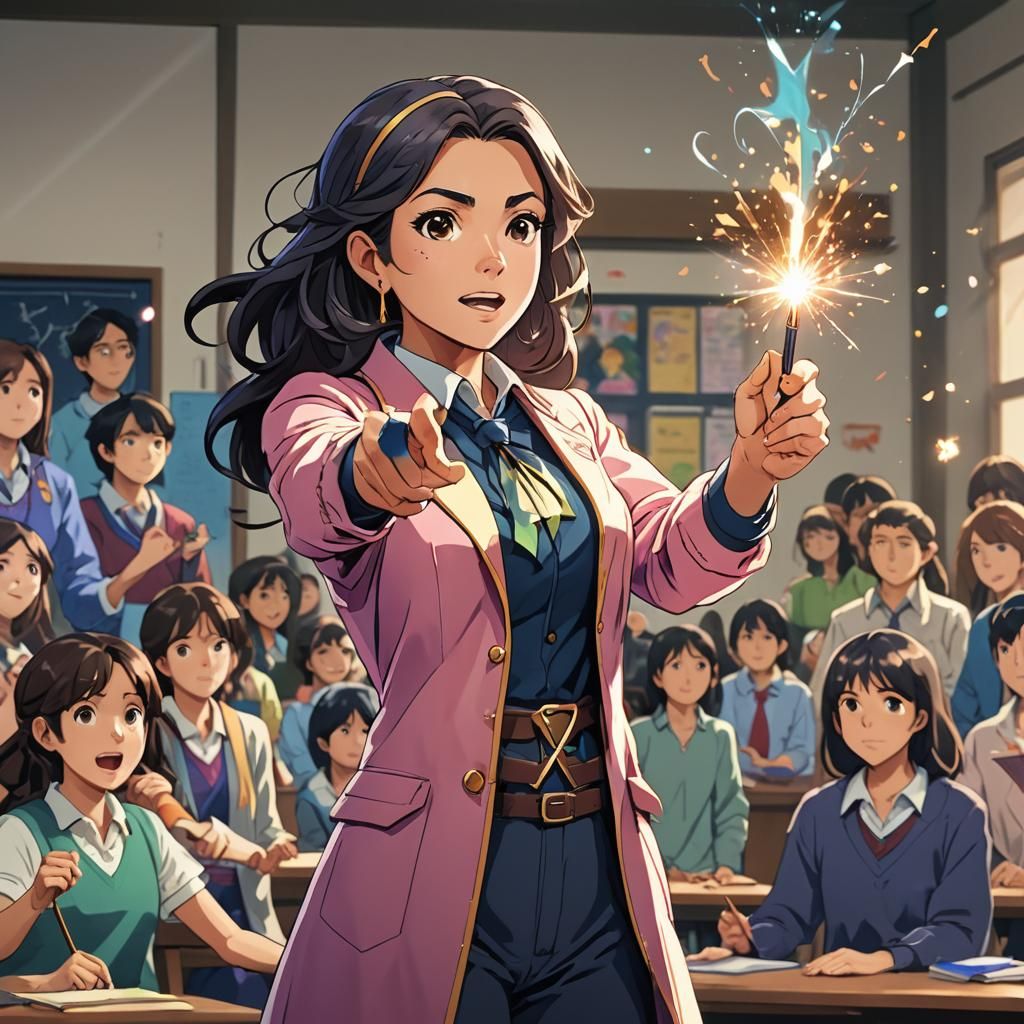 Hispanic Teacher Casting Spell in Anime Style