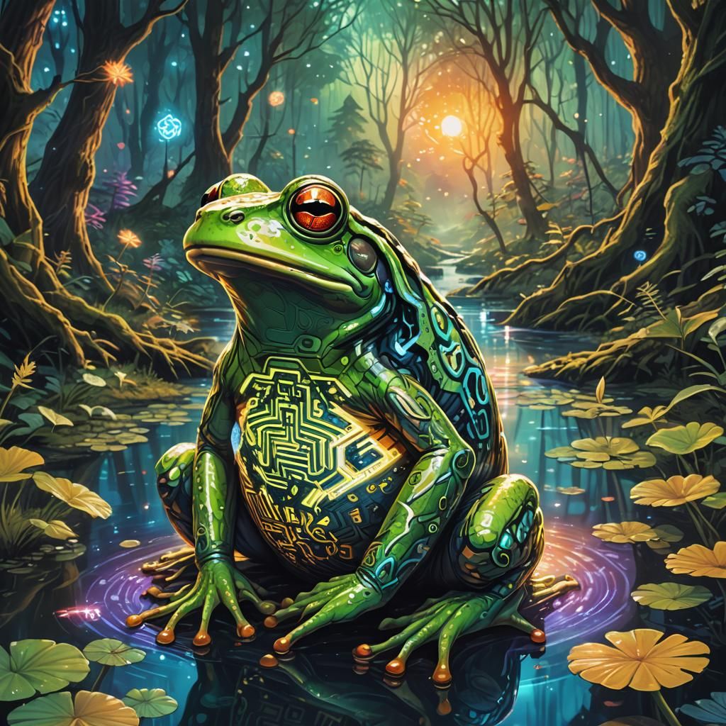 Bioluminescent Frog in Electric Forest at Sunset