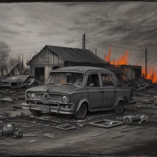 Chihuahua in Junkyard, Moonlit Charcoal Drawing