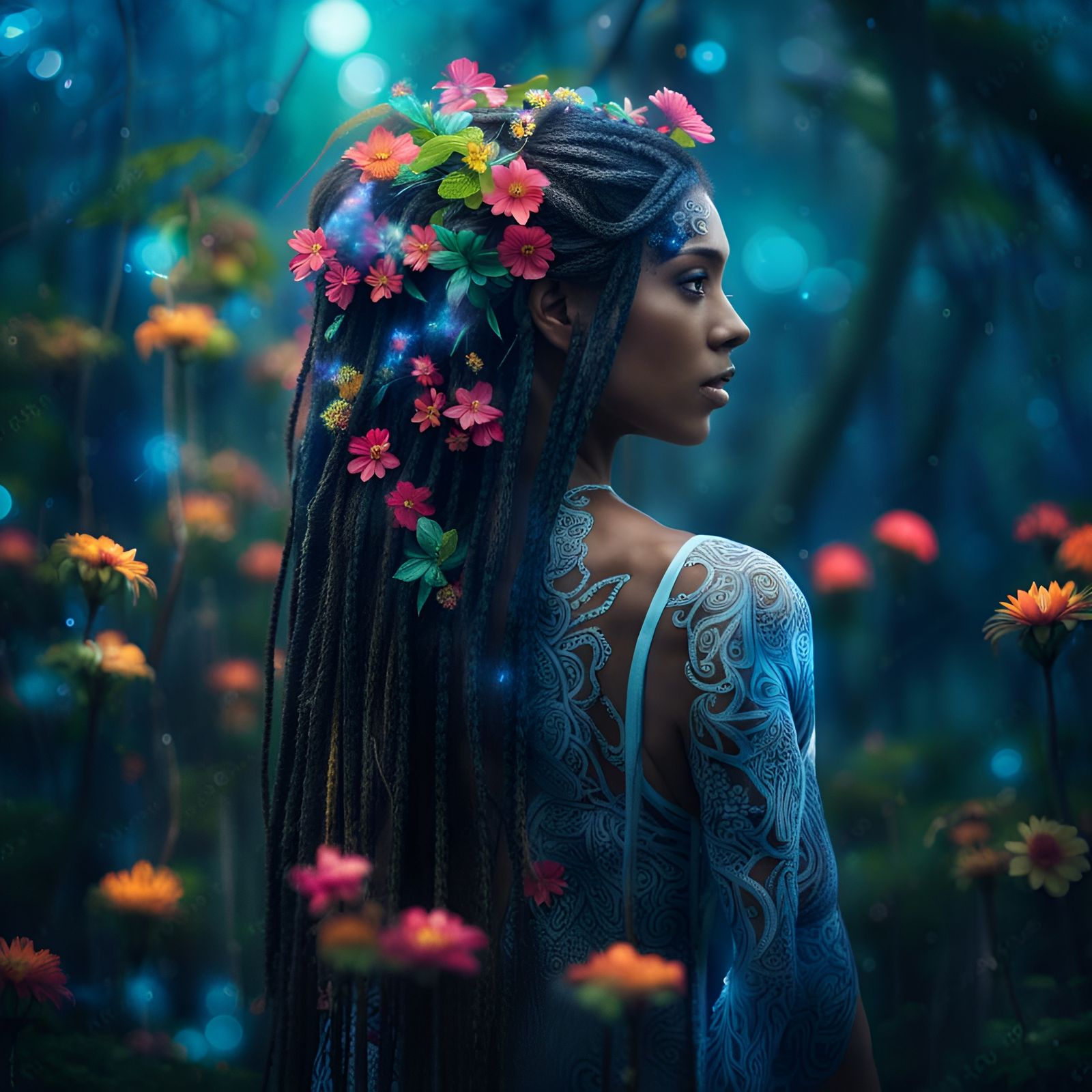 Exotic Woman with Bioluminescent Flowers