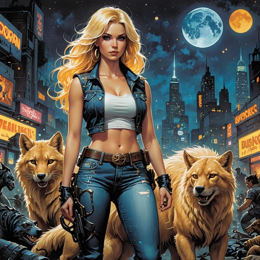 Cyberpunk Woman with Fantasy Animal in Grunge Art