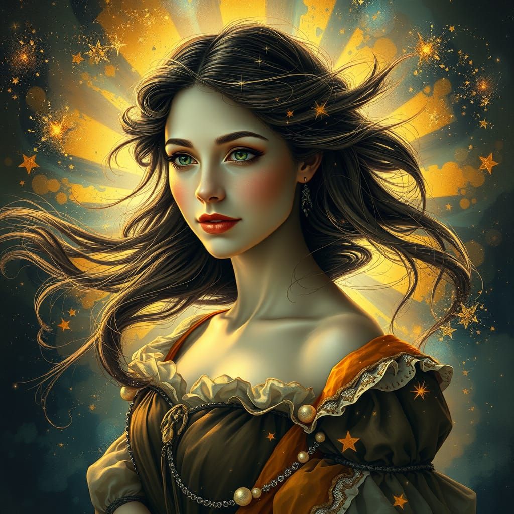 Ethereal Woman Emerges from Golden Nebula in Renaissance Sty...