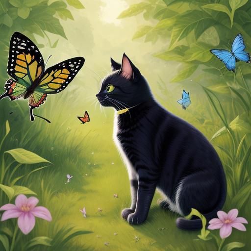 Cat Gazing at Butterfly in Verdant Landscape