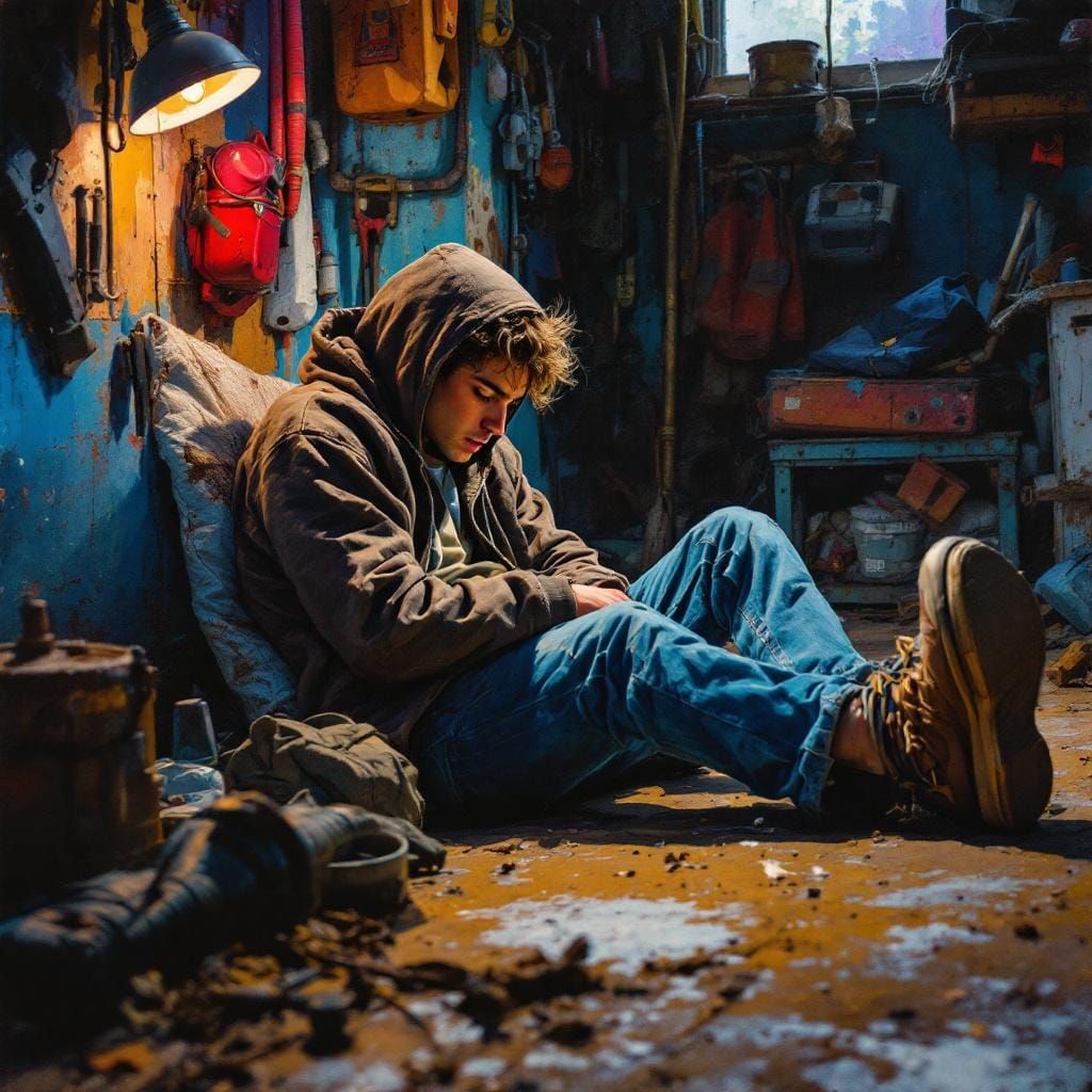 Homeless Teenager in Garage, Hyperrealistic Gouache Art