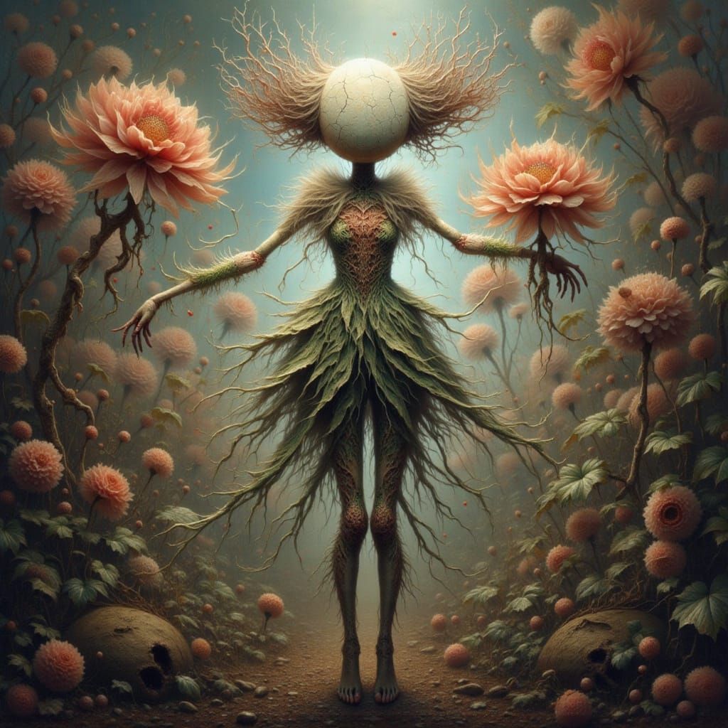 Surreal Plant Creature in Gothic Garden