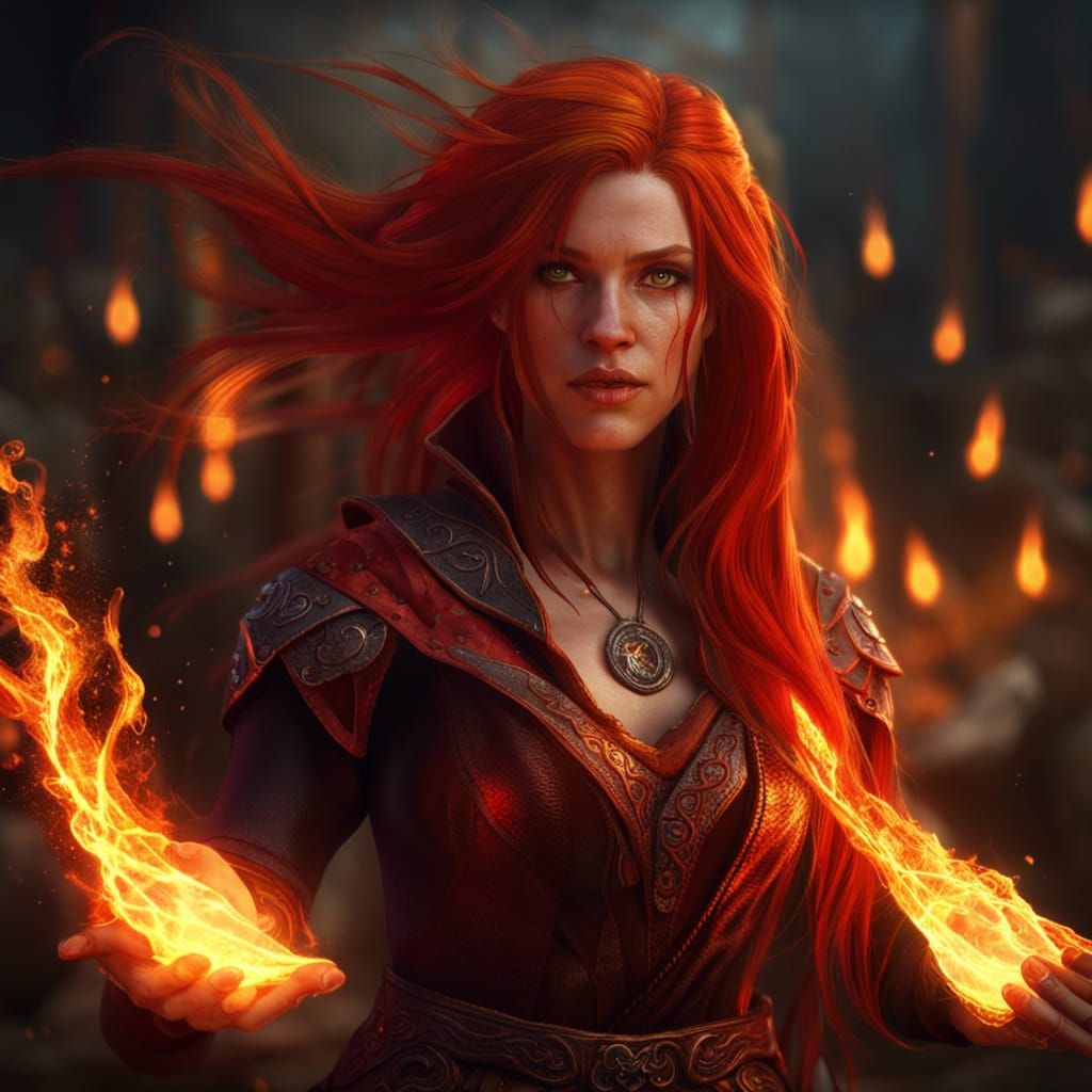 Fiery Female Mage in Dark Fantasy Style