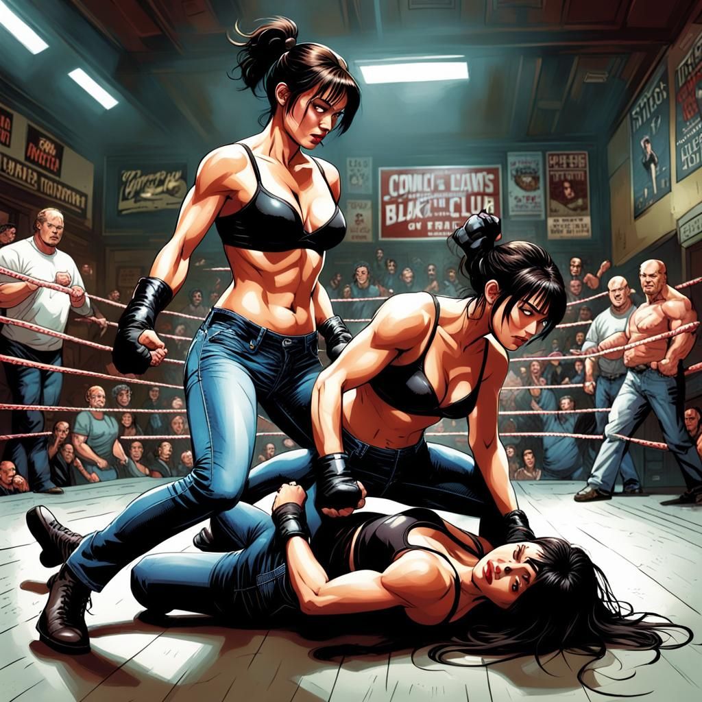 Women Wrestling in Fight Club in Comic Book Style