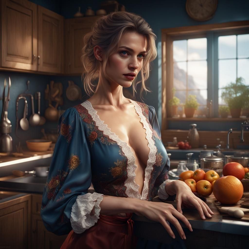 Beautiful Woman in Kitchen, Detailed Digital Art