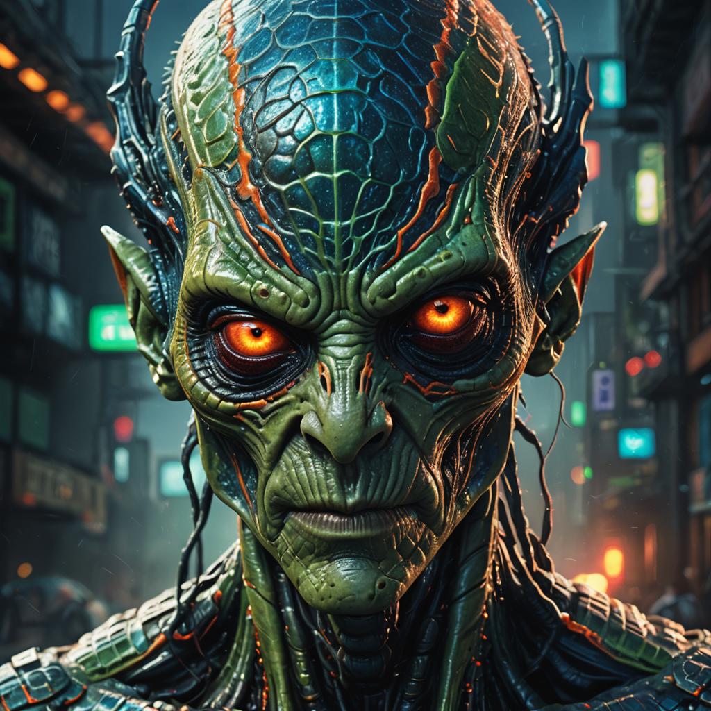 Iridescent Alien Criminal Portrait in Hyper-Realism