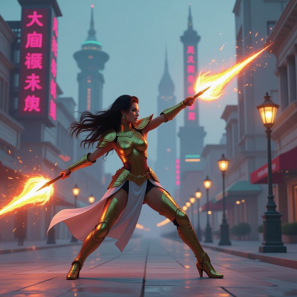 Cyberpunk Amazon Hurls Spears in Dystopian Cityscape