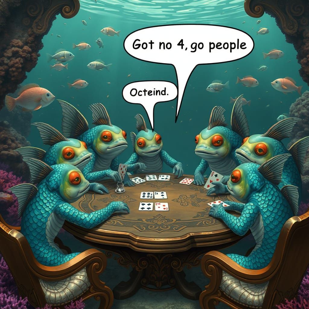 CGI character fishes sitting underwater at a table playing c...