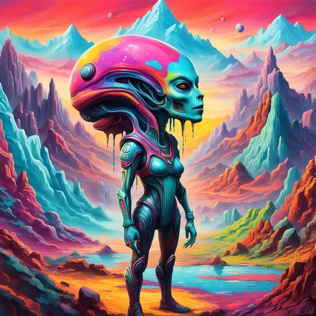Aqua Alien Woman on Colorful Alien Terrain