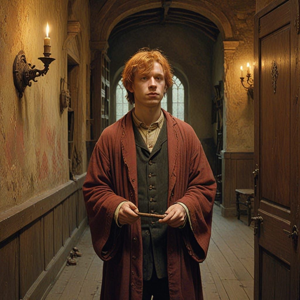 Hogwarts Young Wizard in Dimly Lit Gryffindor Corridor