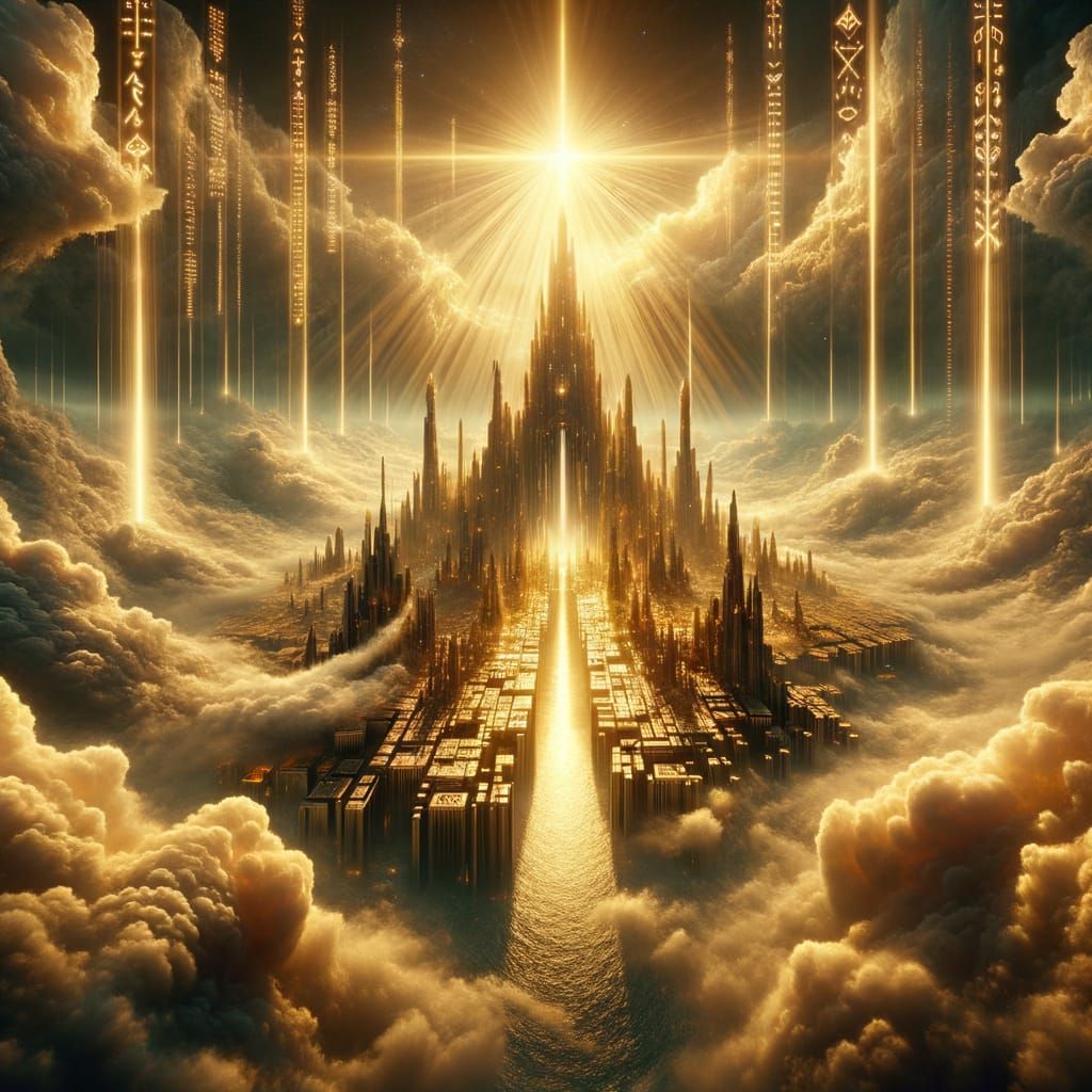 Golden Celestial City Above Stormy Clouds