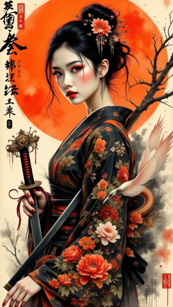 Cinematic Japanese Warrior Woman Portrait in Ink Brush Style