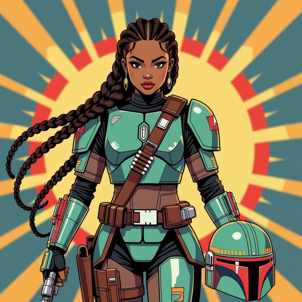 Mandalorian Woman in Anime Style with Pop Art Flair