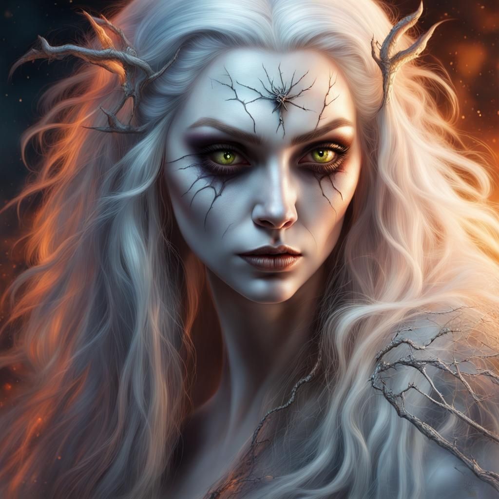 Hyperrealistic White Witch in Halloween Splash Art