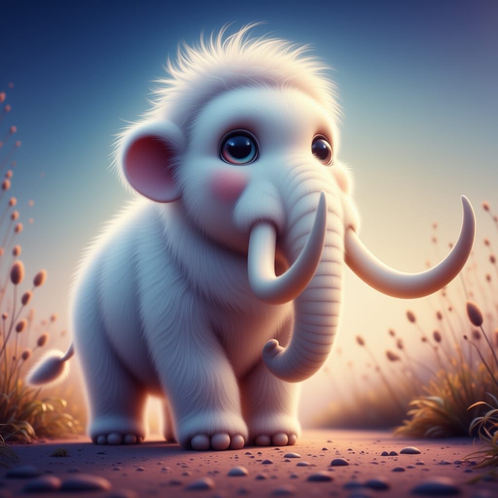 Fluffy Baby Mammoth with Detached Tusks in Fantasy Art Style