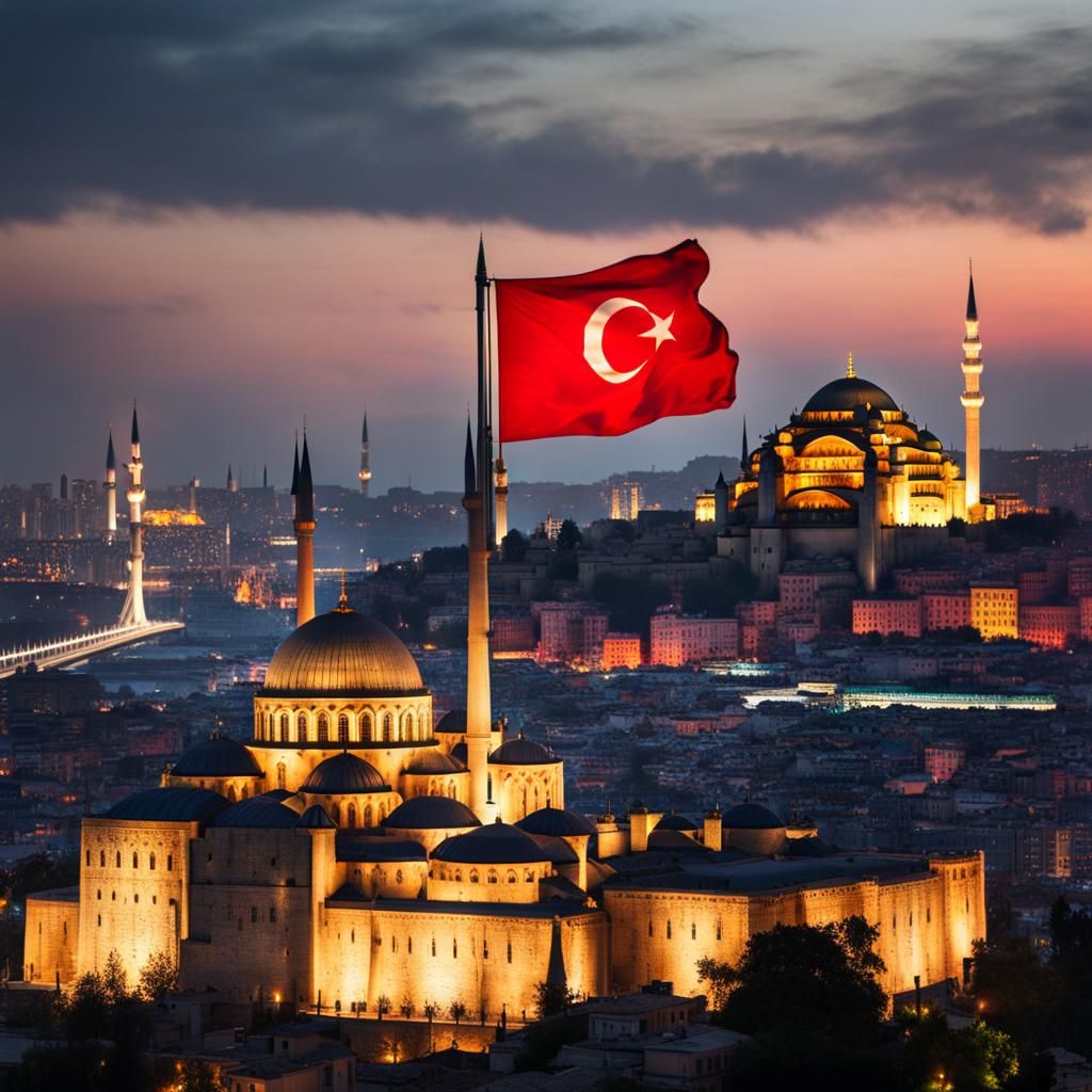 Istanbul View with Prominent Turkish Flag