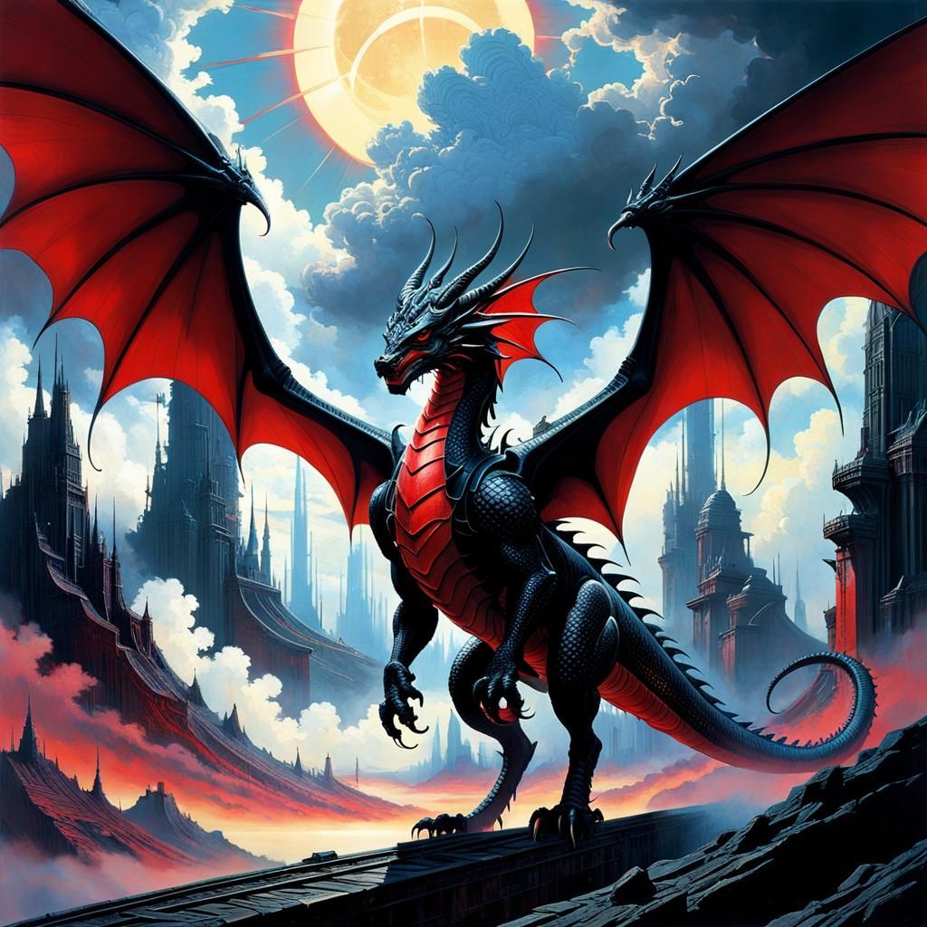 Dragons Soaring in Mystical Realm, Blending Industrial and F...