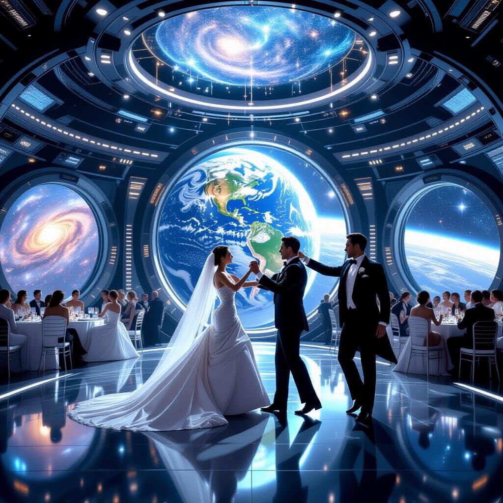 Zero-Gravity Waltz in Futuristic Space Station Ballroom