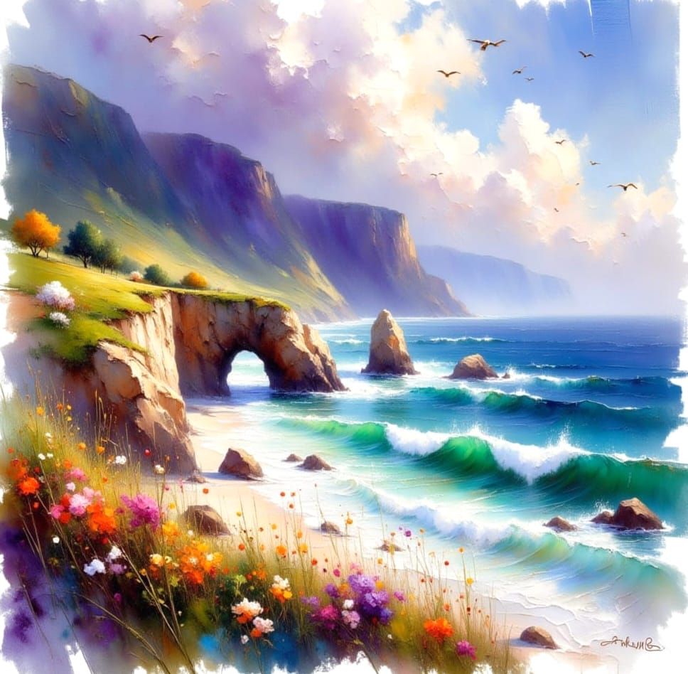 Impressionist Coastline with Rock Arch and Stormy Clouds