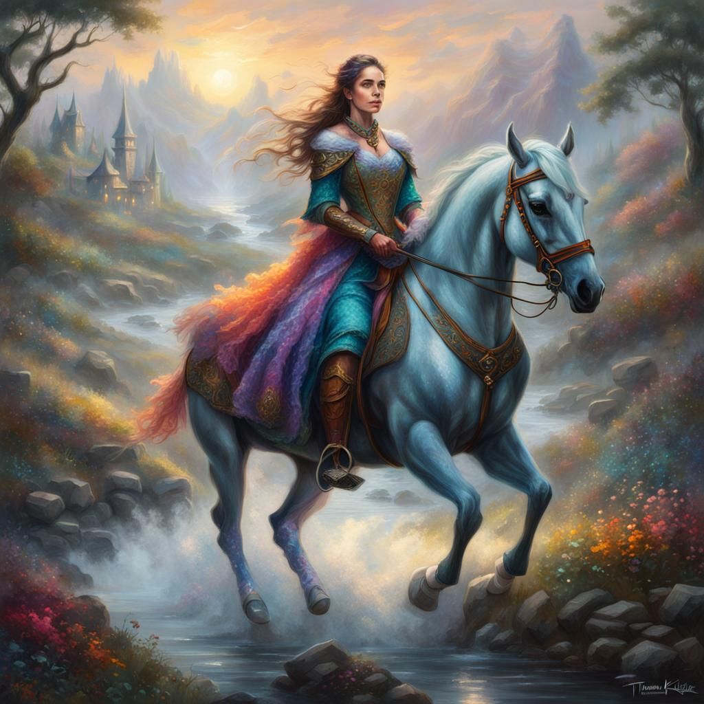 Ethereal Fantasy Woman Rides Horse in Misty Landscape