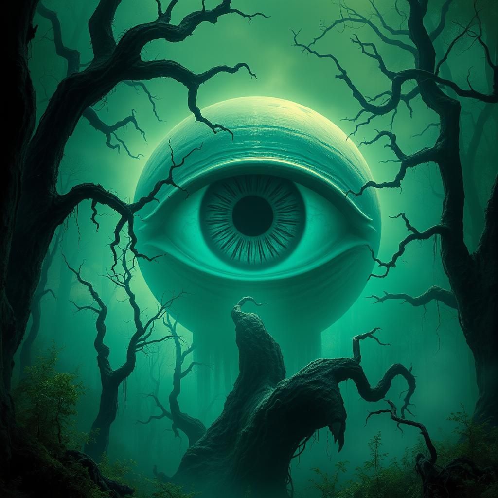 Ominous Eye in Mist-Shrouded Forest