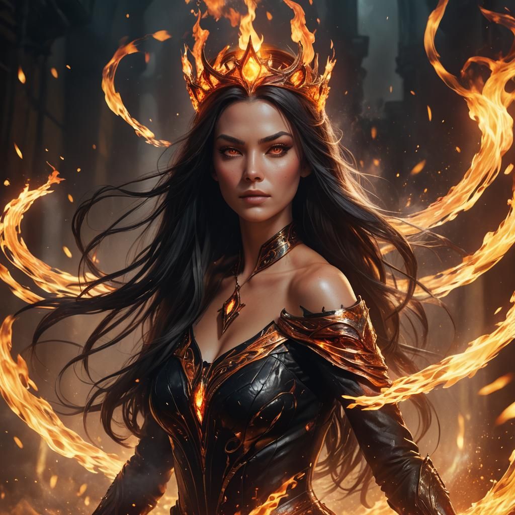 Fiery Queen in Flame Vortex: 3D Rendered Portrait