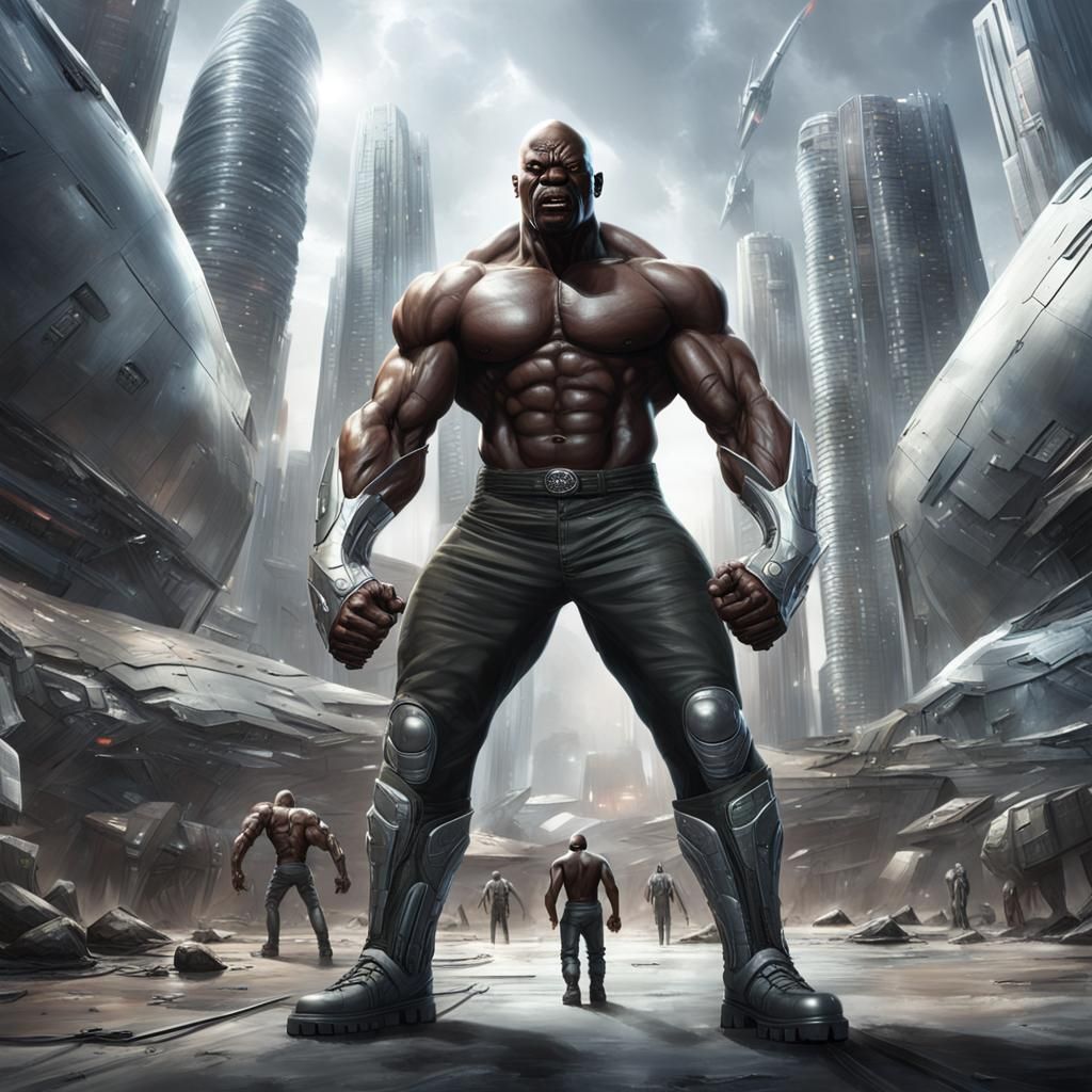 Giant Bald Man in Futuristic Cityscape