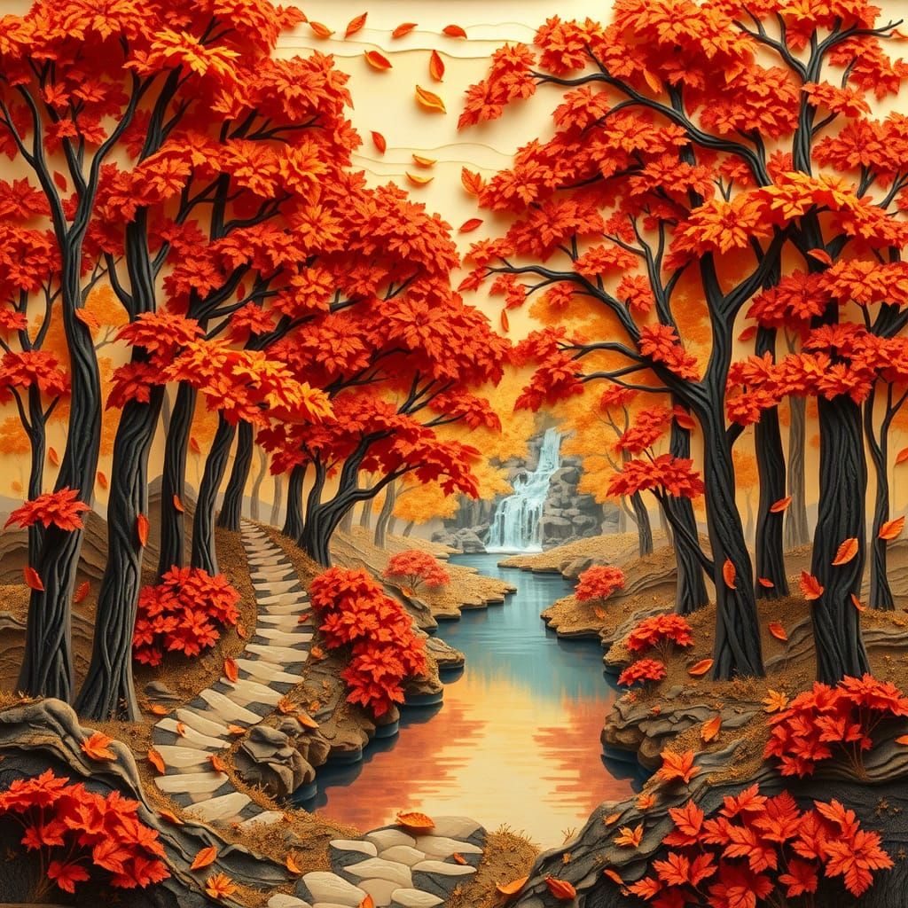 Autumn Forest Paper Collage with Golden Path