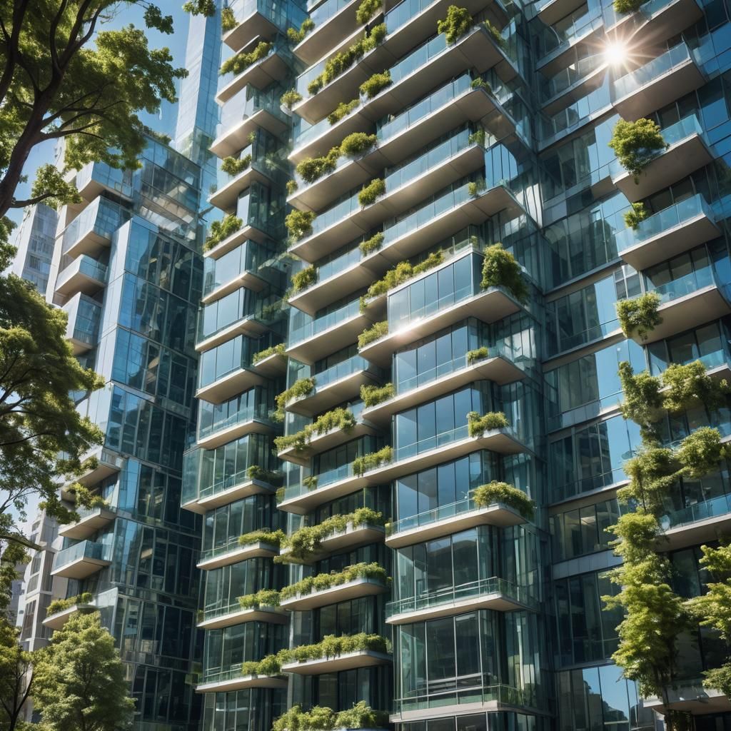 Futuristic Skyscraper Reflecting Sunlight in Urban Setting