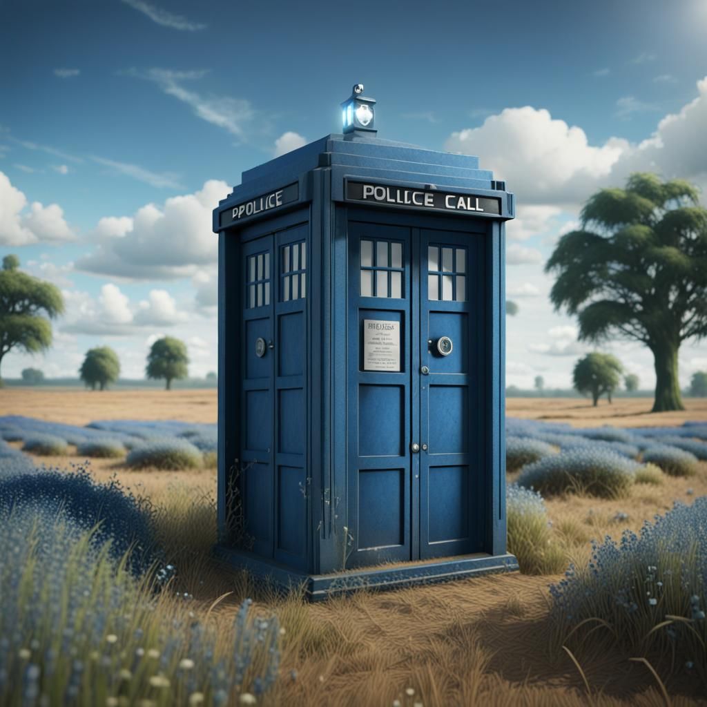 Blue Police Box in Field: Fantasy Concept Art