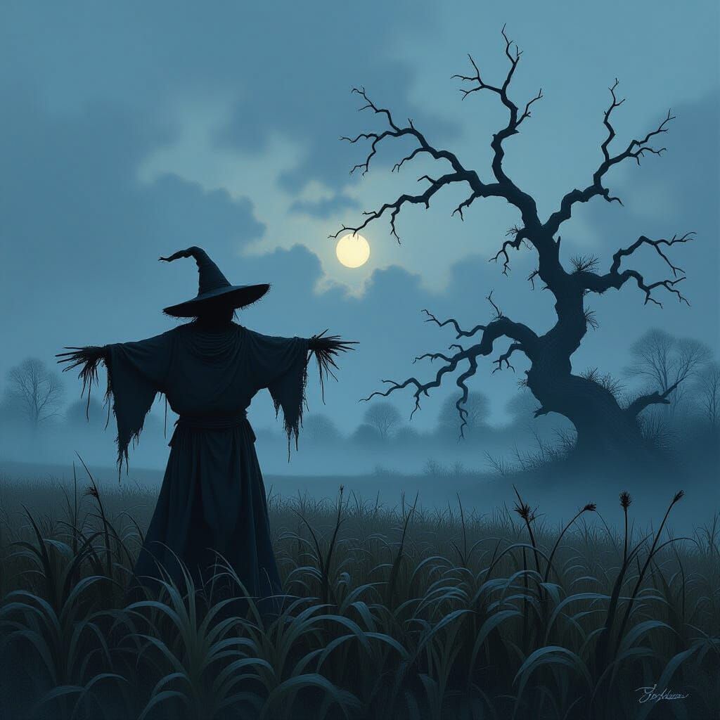 Scarecrow in Desolate Field Under Twilight Sky