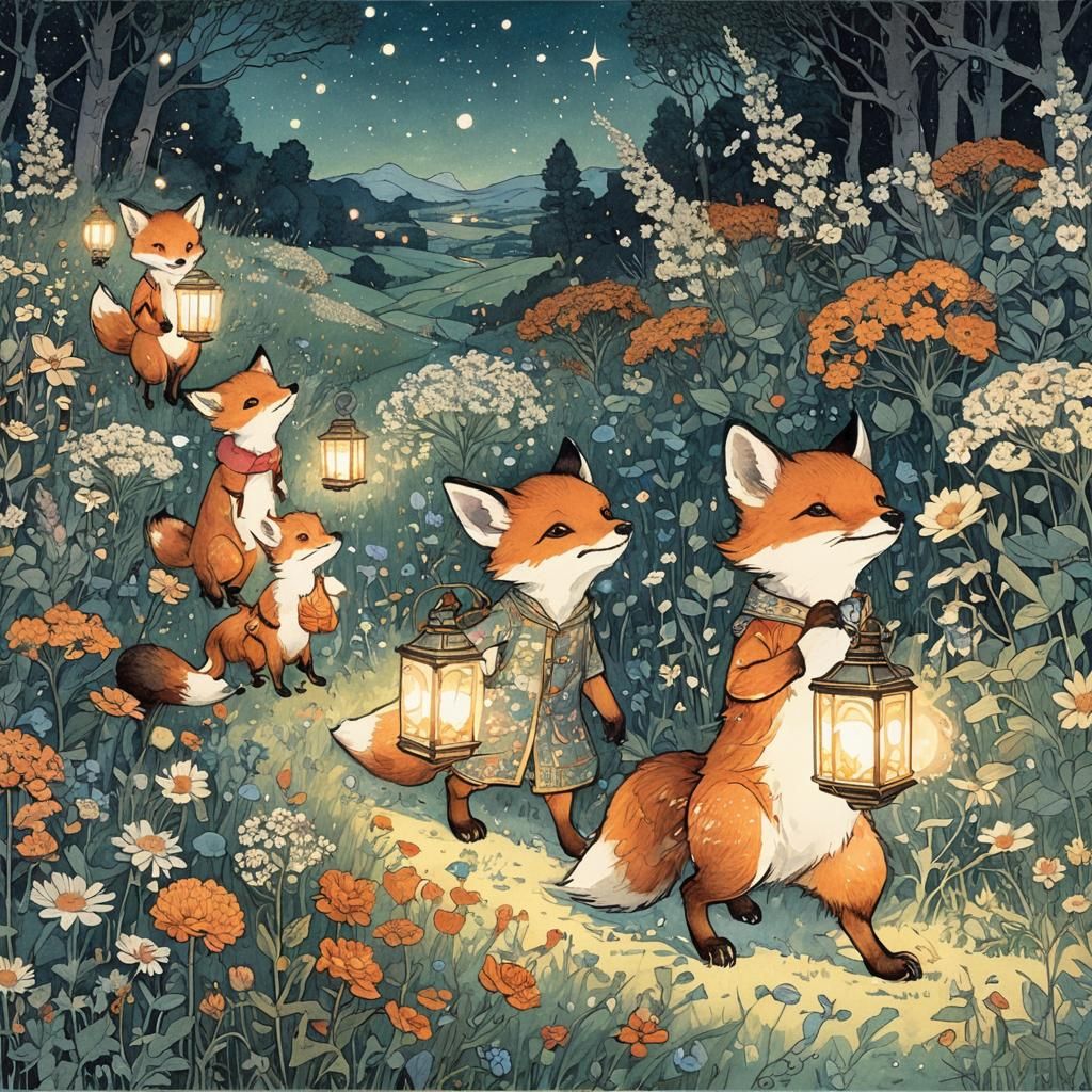 Fox Lanterns in Wildflower Meadow, Storybook Illustration