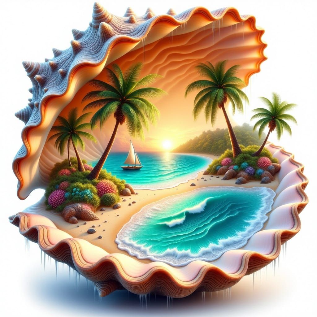 Tropical Landscape Inside Seashell in Cartoon Watercolor Sty...