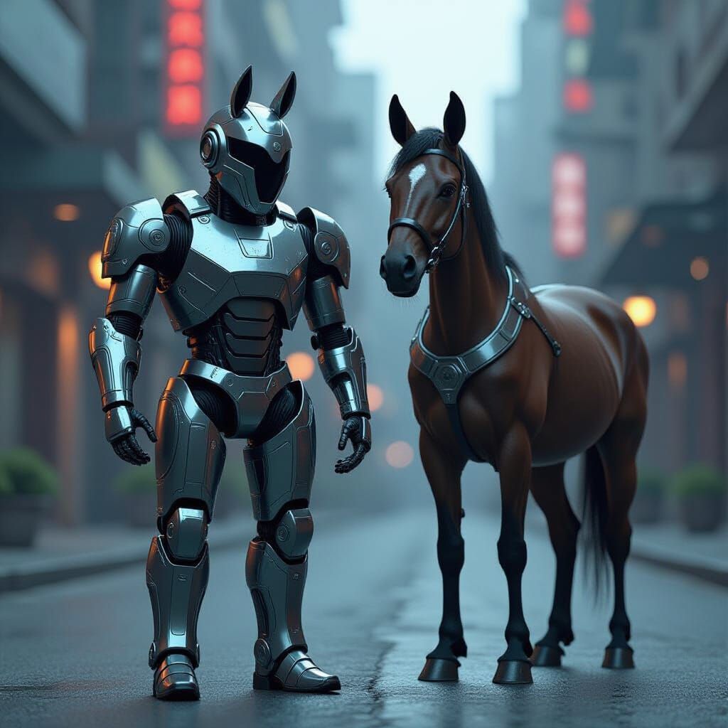 Horse and Donkey in Sci-Fi Exosuits