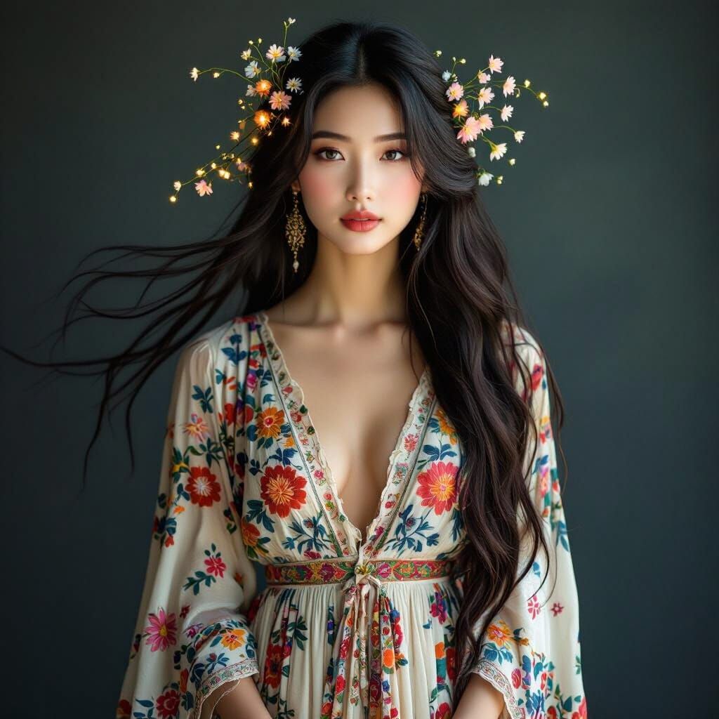 Ethereal Asian Woman in Bohemian Dress with Glowing Wildflow...
