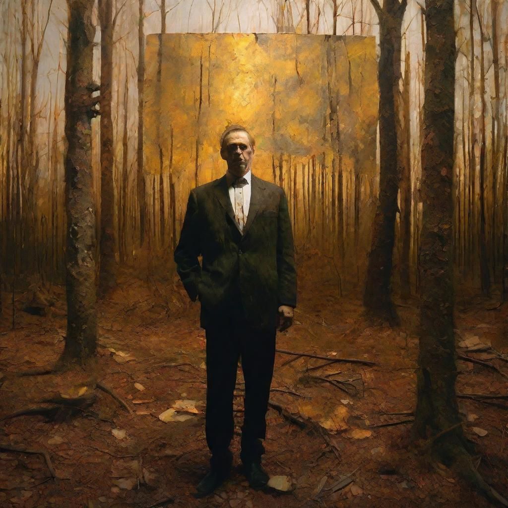 Surreal Forest Man Holds Painting as Mixed Media Art