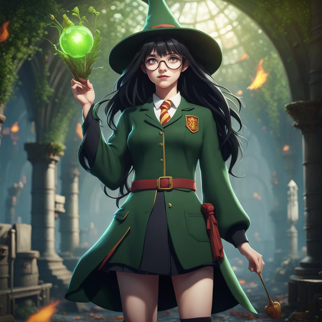 Anime Witch in Gryffindor Uniform with Energy Plants