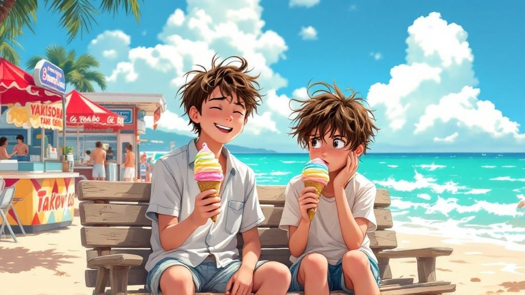 Brothers Enjoy Beachside Ice Cream on a Warm Day in Anime St...